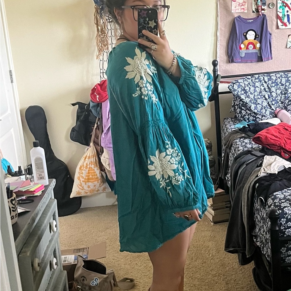 Teal Floral Embroidered Dress